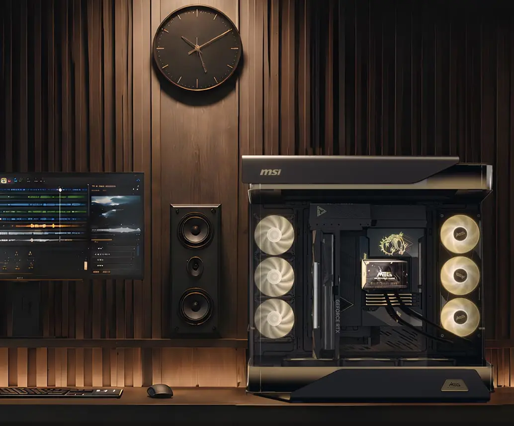 MSI MEG Maestro 900R panoramic case in a desk setup