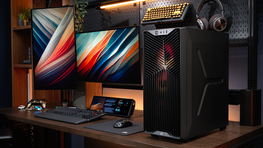 Corsair 3200D RS mid-tower PC case in a desk setup
