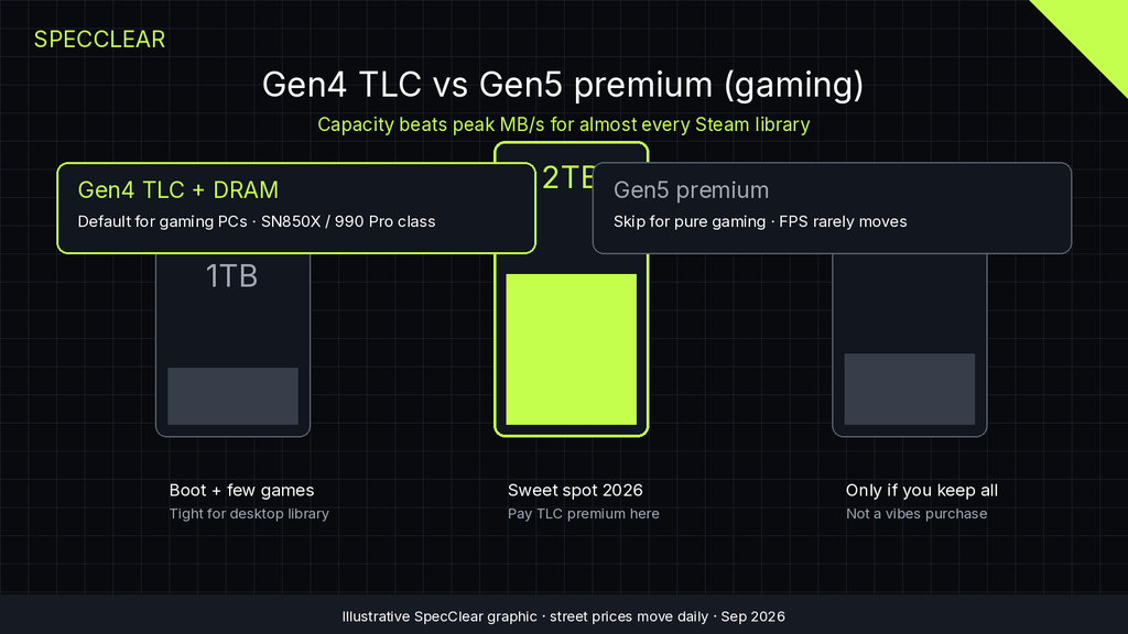 SpecClear chart: Gen4 TLC vs Gen5 premium for gaming with 1TB, 2TB, and 4TB capacity guidance