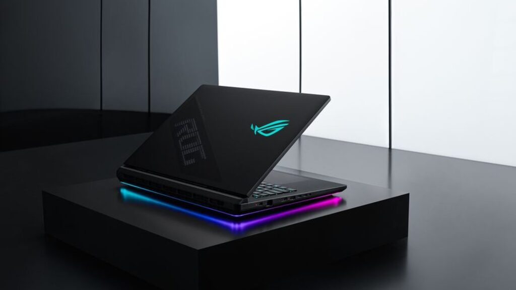 ROG Strix gaming laptop on a dark pedestal
