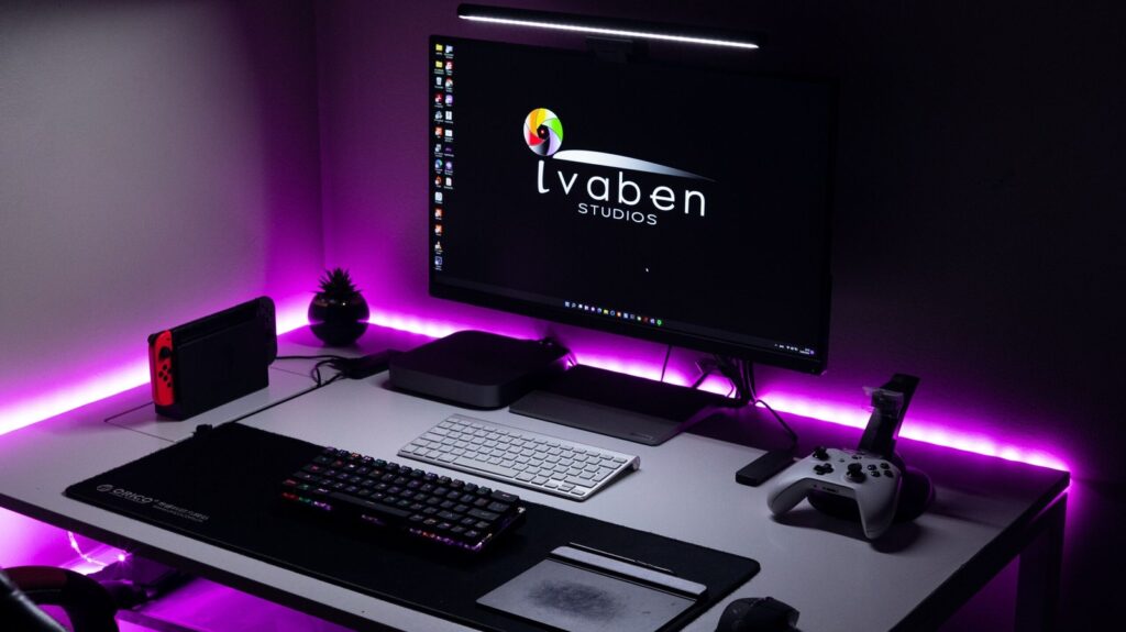 Budget gaming desk setup with purple LED lighting