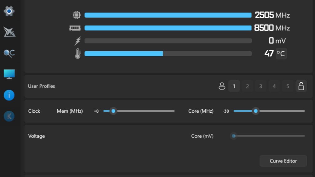 MSI Afterburner overclock settings screen