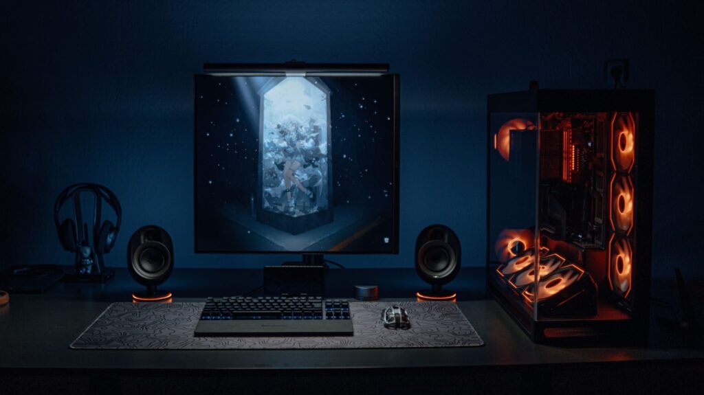 Gaming desk setup with PC and monitor