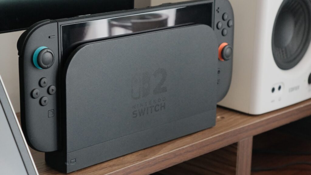 Nintendo Switch on a wooden shelf