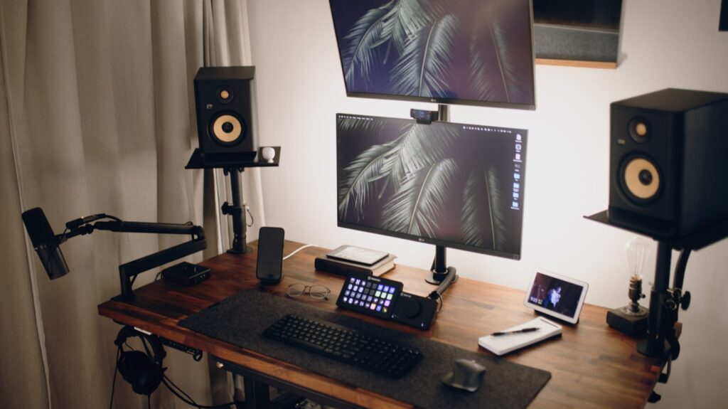 PC streaming and content creator desk setup