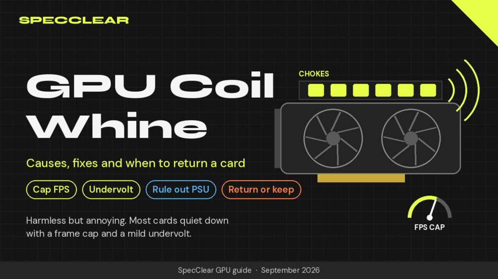 GPU coil whine: SpecClear graphic of a graphics card with sound waves and a frame cap icon