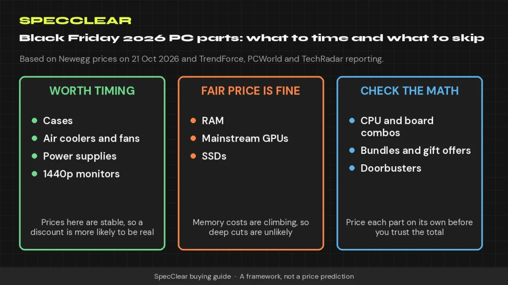 Black Friday PC parts 2026: SpecClear chart sorting cases, coolers, fans, PSUs and monitors into worth timing, RAM, GPUs and SSDs into fair price is fine, and combos into check the math