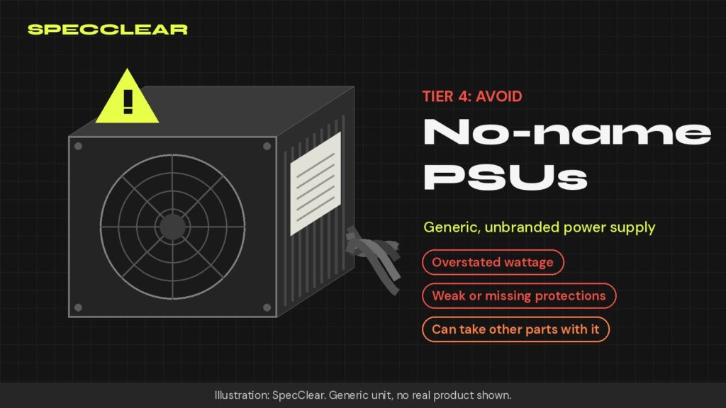 Illustration of a generic unbranded PC power supply with a warning sign