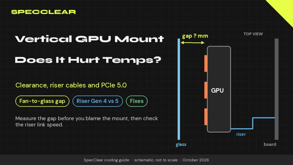 Does a vertical GPU mount affect temperature: SpecClear top view diagram of a graphics card facing the side glass with the gap marked